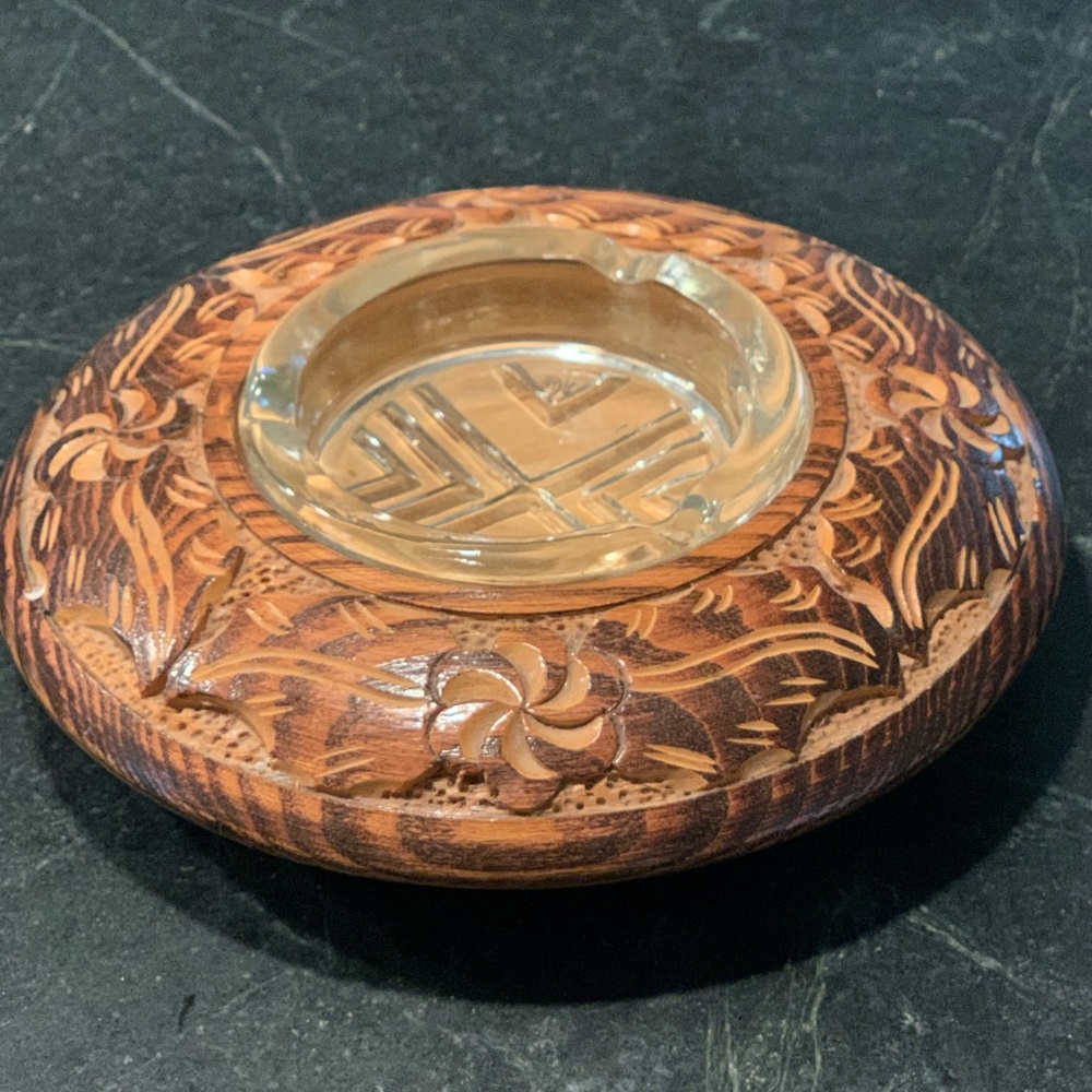 VINTAGE | Hand Carved Ashtray With Glass Insert | Made In Postojnska, Slovenia